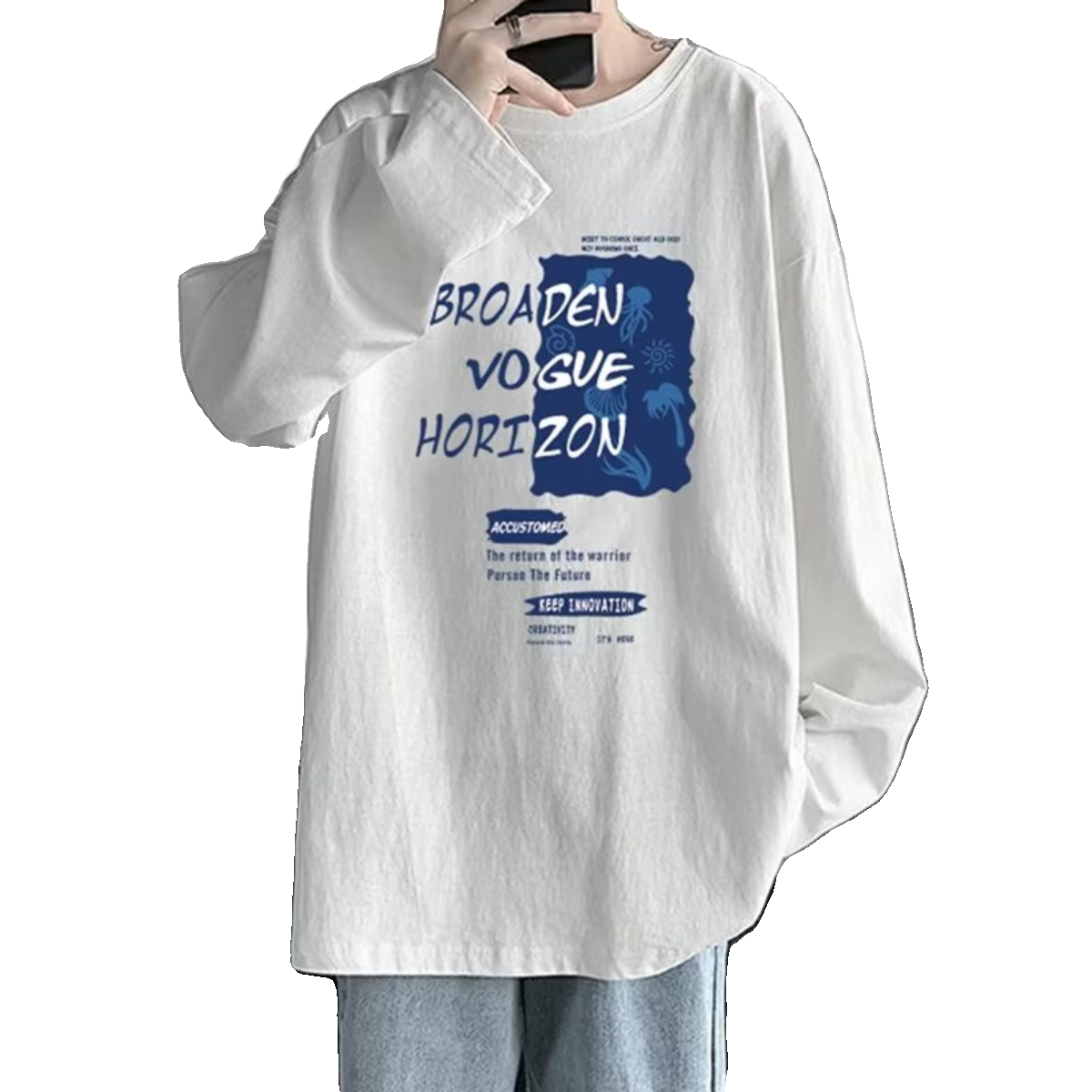 长袖t恤男2024春秋季新款印花潮牌男生宽松圆领内搭体恤打底衫男