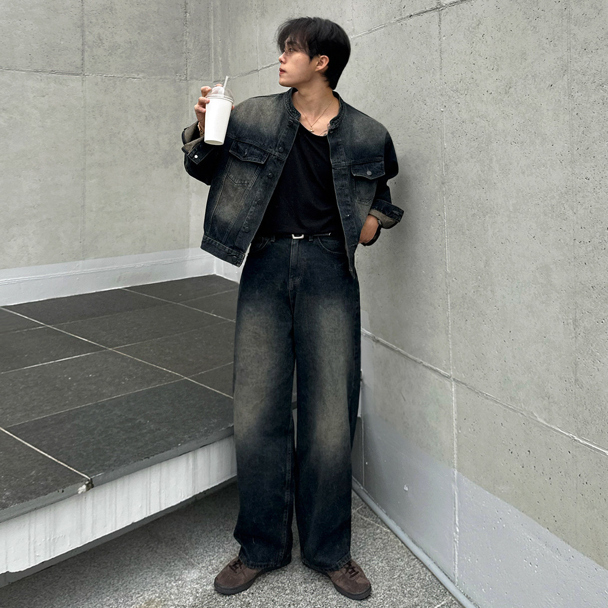 MRCYC复古做旧阔腿牛仔裤男士春秋宽松牛仔夹克韩系通勤时尚套装,淘宝优惠券,粉丝福利购,淘宝优惠卷