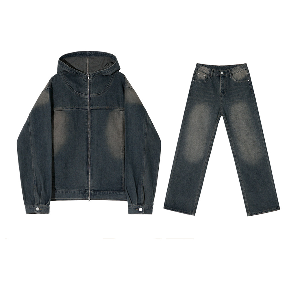 MRCYC复古做旧连帽牛仔夹克男士春款直筒牛仔裤韩系时尚牛仔套装,淘宝优惠券,粉丝福利购,淘宝优惠卷