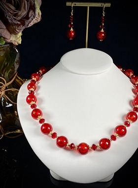 中古饰品银箔手工琉璃颈链红色气质美艳复古原创设计项链耳饰套装