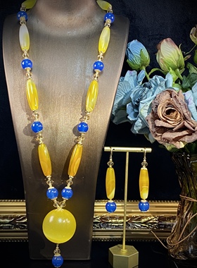 中古饰品能量球卡40老猫眼深蓝缠丝玛瑙毛衣链天然石耳饰项链套装