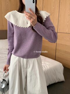 2025 early autumn new korean style casual versatile round neck spliced ruffled knitted top women 68806