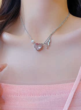 冰透粉色爱心锆石拼接项链女轻奢