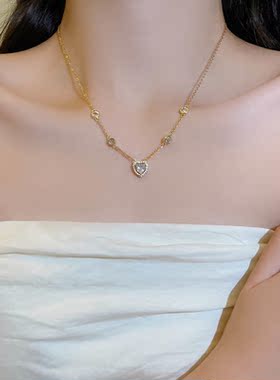 韩国新款精致锆石爱心钛钢项链轻
