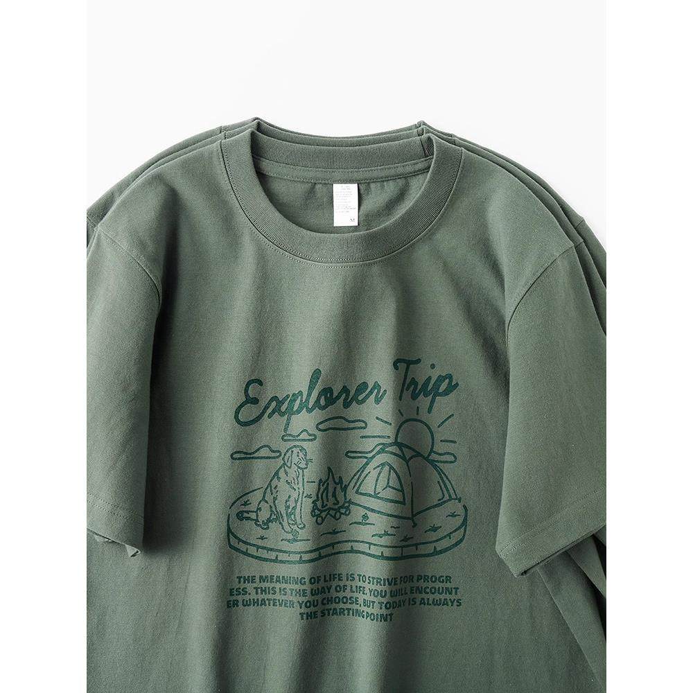 home daily 怎么穿都好看！青苔绿270g纯棉短袖男女款休闲印花T恤,淘宝优惠券,粉丝福利购,淘宝优惠卷