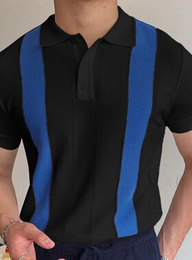 2025欧美男士夏季短袖针织衫白色条纹修身POLO衫潮Men's T-shirt