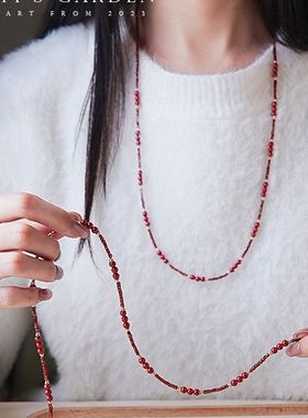 绮罗石榴石切面方糖珠长项链女高级感显白红色毛衣链2025礼物女