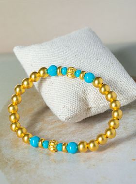古法金6mm金珠高瓷蓝松石睡美人手链手绳手串轻奢个性小众女礼物
