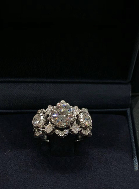 复古蕾丝三石仿钻戒宫廷蕾丝满钻戒指科技钻工风镂空开口食指戒