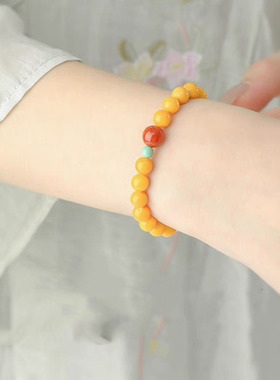 蜜蜡手串女鸡油黄色琥珀南红绿松石多宝手链叠戴双圈蛇年礼物