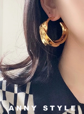 anna欧美金色叶片几何圆圈耳环