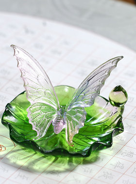 古法琉璃蝴蝶香插笔隔书房文房创意桌面摆件居家客厅装饰毛笔架