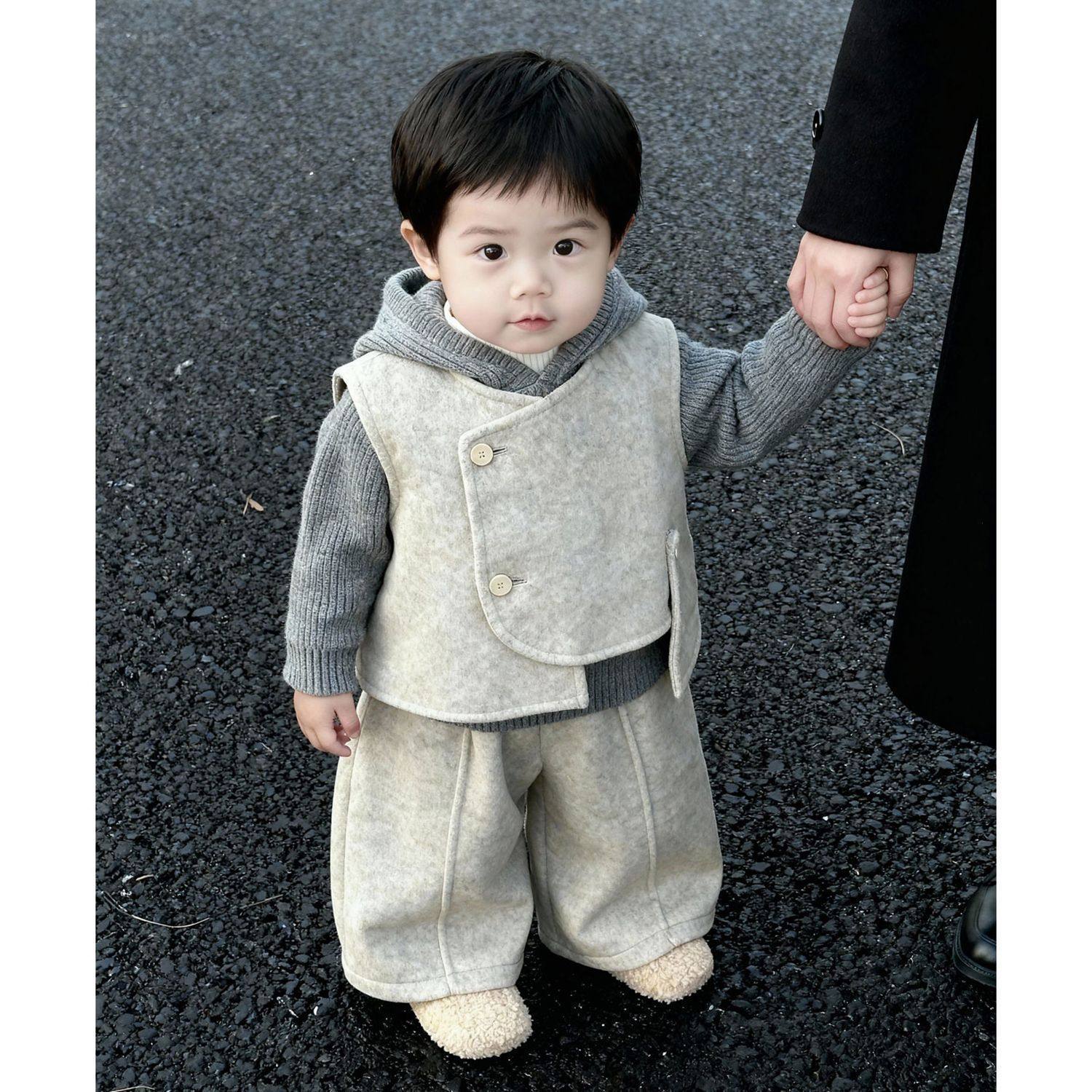 韩版童装男童秋冬2025新款时尚设计感毛呢马甲外套宽松休闲裤套装,淘宝优惠券,粉丝福利购,淘宝优惠卷