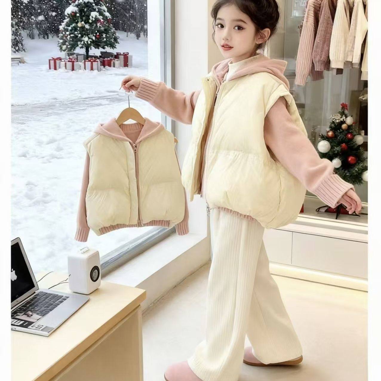 女童套装冬季2025新款韩版时髦保暖马甲毛衣加绒阔腿裤三件套,淘宝优惠券,粉丝福利购,淘宝优惠卷