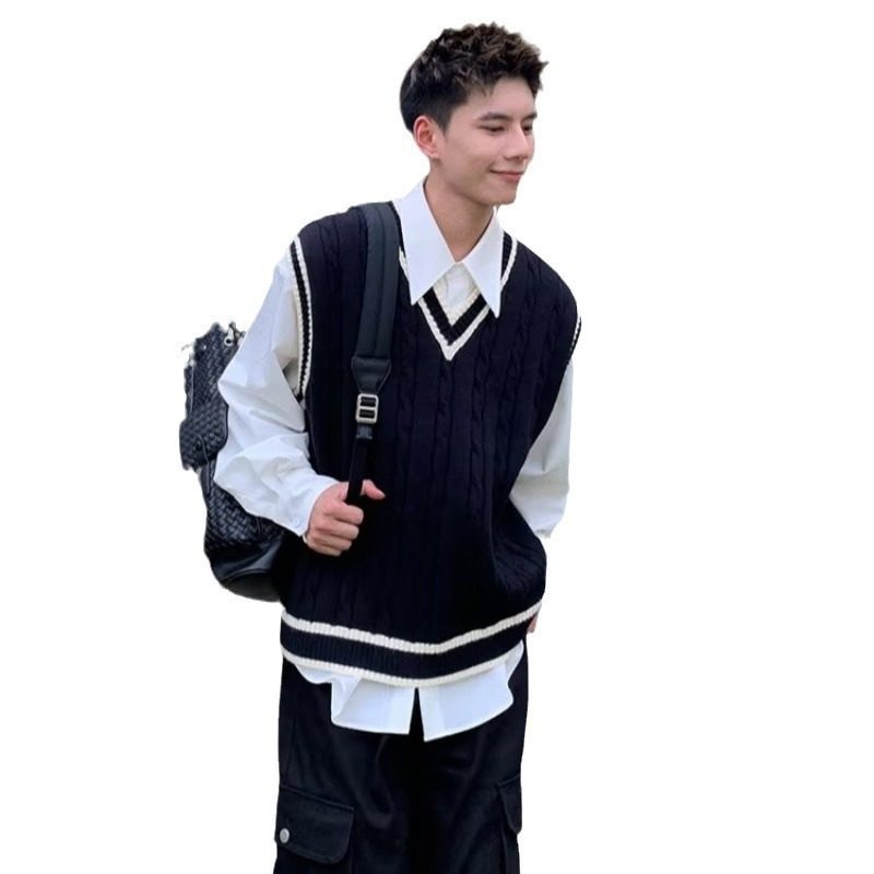 美式复古潮V领学院风针织衫马甲男秋冬季麻花撞色宽松背心无袖衫,淘宝优惠券,粉丝福利购,淘宝优惠卷