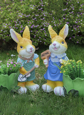 户外仿真兔子雕像可爱动物花盆造景摆件树脂工艺品花园草坪装饰品