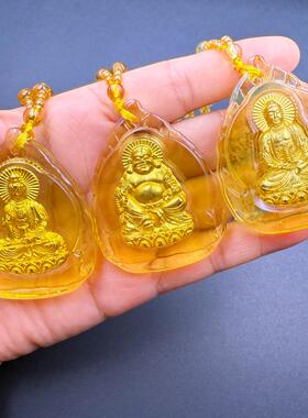 玻璃镶金柱子财神吊坠礼物五台山龙五爷挂件景区黄水晶佛牌毛衣链