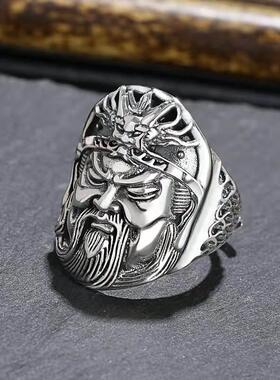 泰银风格戒指男925纯银古将关羽关公戒指关二爷武财神复古霸气