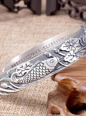 女小众设计不掉色连年有余纯银手镯女足银莲花鱼心经镯子母亲节礼