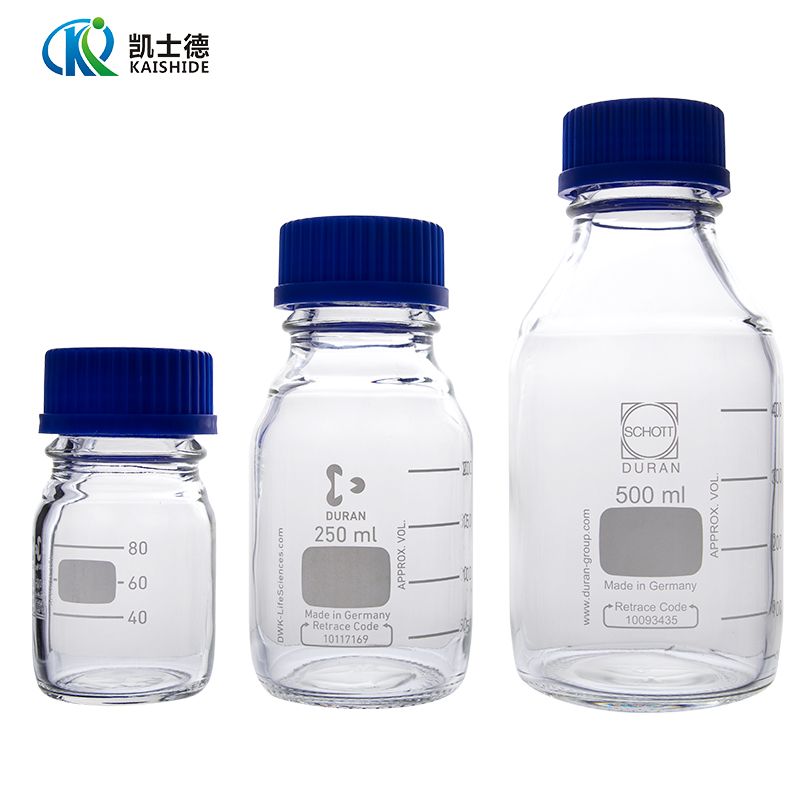 包邮德国schott进口Duran杜兰肖特瓶透明蓝盖瓶25 50 100 250 500 1000 2000ml实验室螺口丝口瓶蓝盖试剂瓶 - 图1