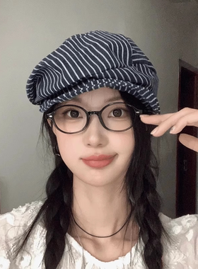 日系复古条纹贝雷帽女春夏透气