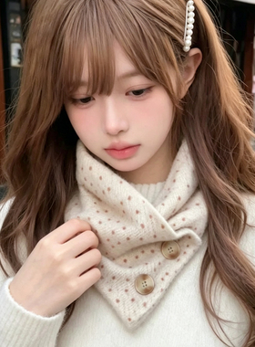 新款手作温柔雾感奈奈风护颈围巾女秋冬季毛茸茸软萌波点围脖保暖