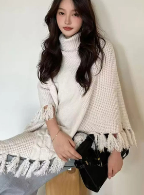 秋冬流苏针织高领保暖披肩女