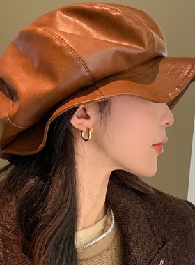 贝雷帽逛街休闲女春夏秋大檐皮质