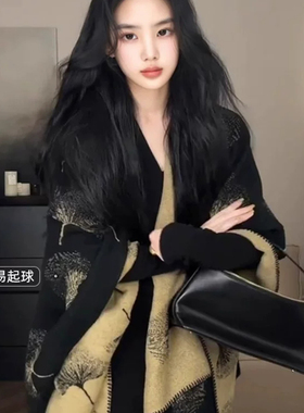 银杏叶披肩女冬季2026新款民族风新中式黑色披风围巾旗袍外搭斗篷