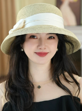 法式草编渔夫帽女夏季防晒蝴蝶结