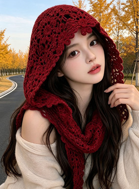 秋季红色钩花镂空包头帽女拍照