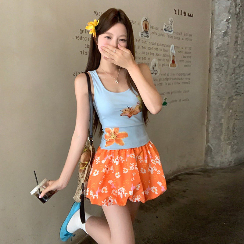 HEYOUNGIRL橘子汽水花卉印花撞色吊带背心碎花橙色花苞半裙套装女,淘宝优惠券,粉丝福利购,淘宝优惠卷