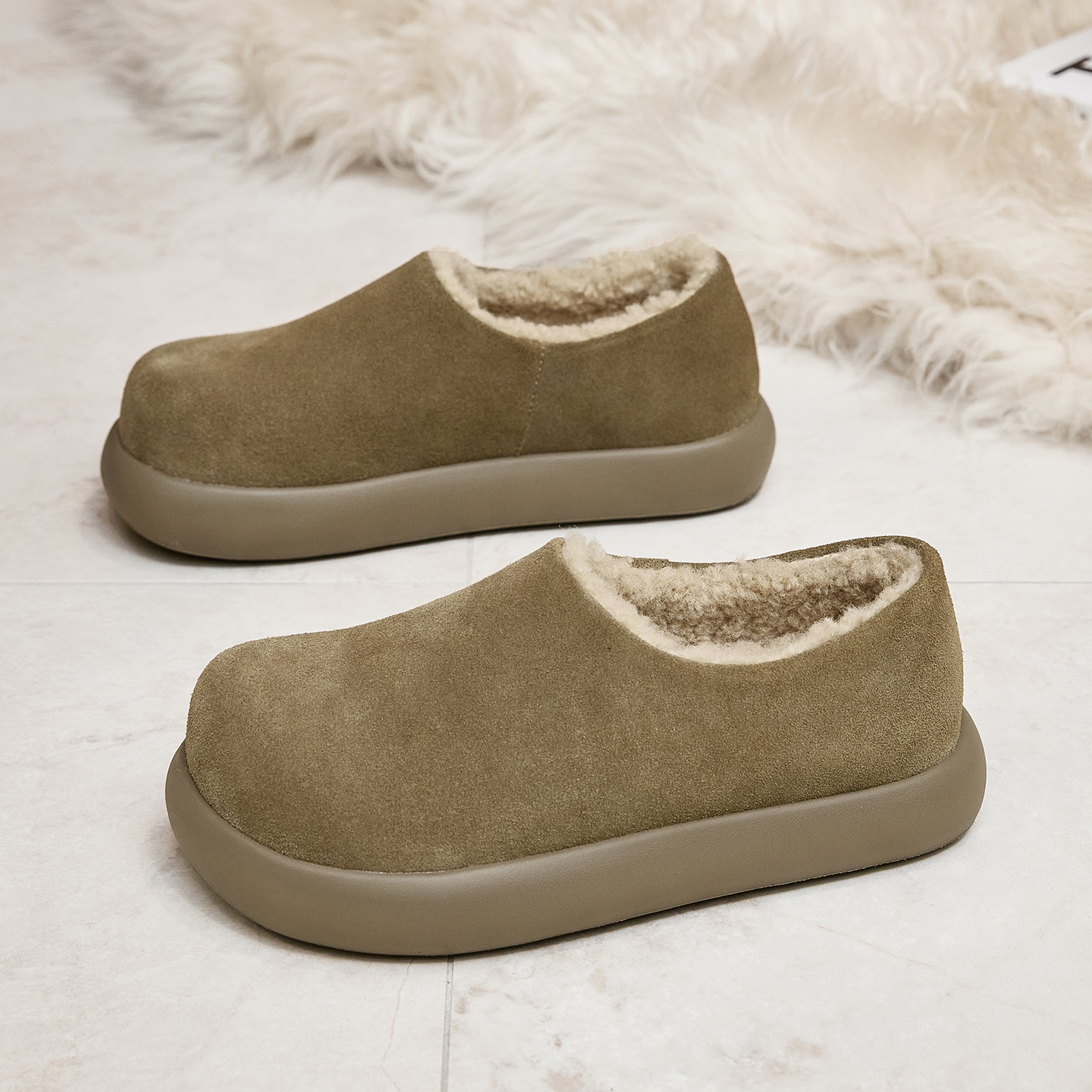 加绒保暖勃肯鞋女鞋2025冬季新款复古真皮软底懒人一脚蹬休闲板鞋 - 图1