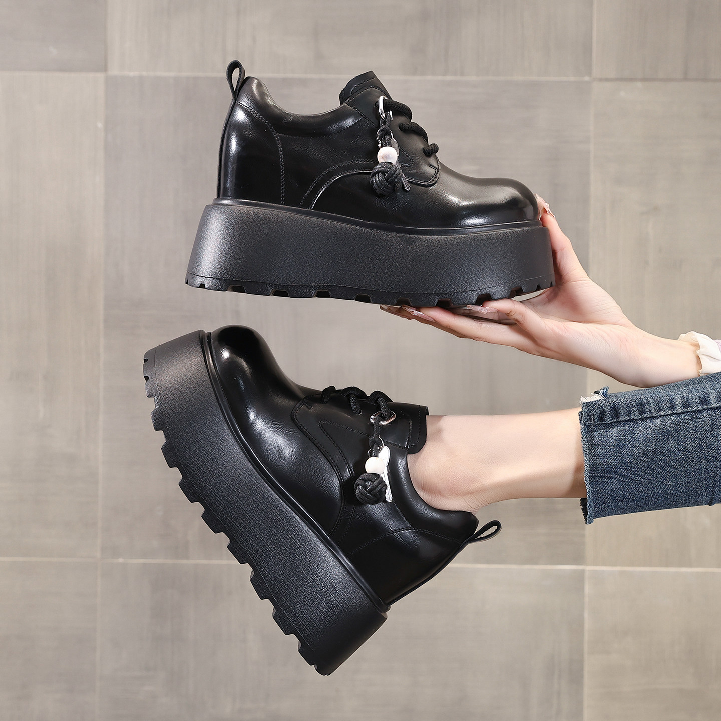 黑色真皮乐福鞋女2026春季新款时尚厚底内增高坡跟10cm豆豆小皮鞋,淘宝优惠券,粉丝福利购,淘宝优惠卷