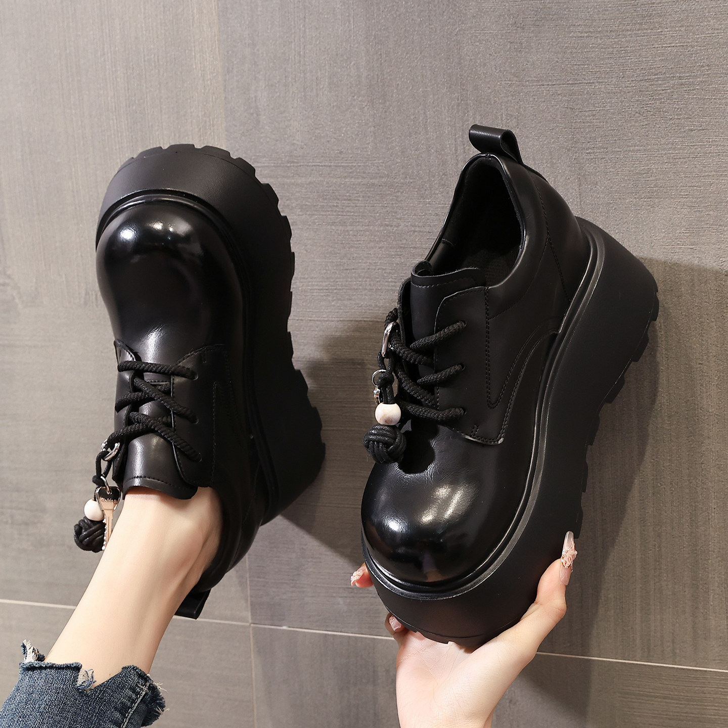 黑色真皮乐福鞋女2026春季新款时尚厚底内增高坡跟10cm豆豆小皮鞋,淘宝优惠券,粉丝福利购,淘宝优惠卷