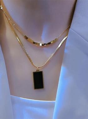 时尚十方牌双层黑牌叠戴锁骨链气质百搭钛钢不掉色项链女网红配饰
