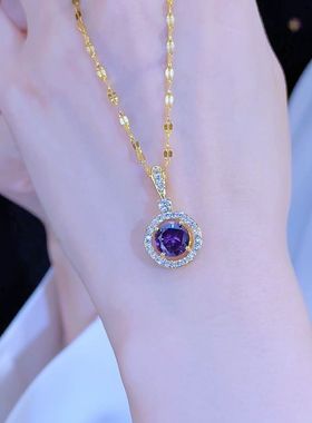 圆形镶钻项链女2024年新款潮精致小众设计锁骨颈链高级紫色吊坠