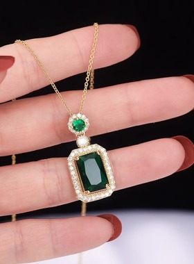 港风高级感设计颈链欧美时尚几何镶钻绿色水晶项链复古大气锁骨链