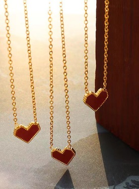 钛钢法式红色爱心桃心项链女锁骨链小众设计感高级饰品潮气质复古