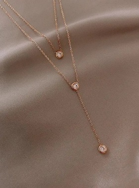 韩版钛钢双层项链仙女玫瑰金锁骨链冷淡颈链简约ins气质吊坠钻链