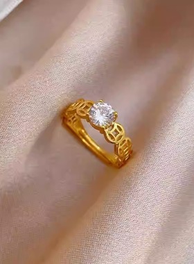 气质沙金铜钱币戒指女 久不掉色仿一克拉锆石指环可调节食指戒圈