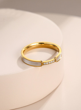 日系轻奢百搭微镶贝壳指环玫瑰金白贝母钛钢戒指女小众设计不掉色