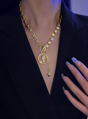 欧美时尚金属钱币链条项链气质镶钻Y型锁骨链短款choker毛衣链女