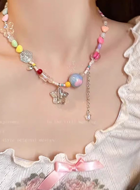 夏日多巴胺粉色爱心双层叠戴项链ins潮网红辣妹甜酷串珠彩色项链