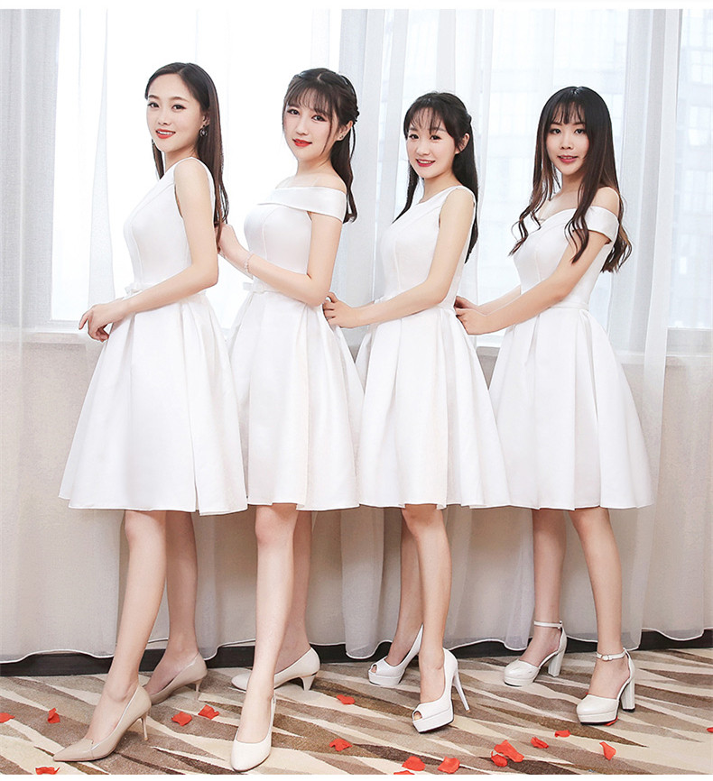 白色短款伴娘服2024新款缎面仙气质姐妹团伴娘裙演出毕业小礼服女