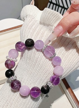 天然紫水晶紫云母手链 女大颗粒粉晶手串 个性小众水晶串珠饰品链