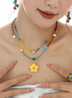 蒜了彩色花朵项链可爱叠戴少女感锁骨链甜美多巴胺颈链不撞款原创