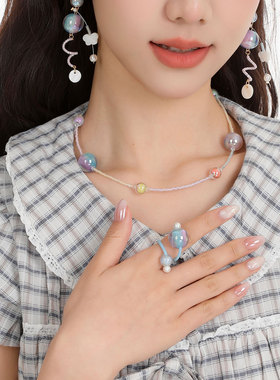 彩色串珠项链可爱炫彩星球可调节锁骨链元气少女不撞款春夏新款