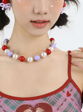 蒜了红紫撞色复古珍珠项链大颗多巴胺夸张锁骨链元气少女心颈链