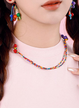 蒜了原创设计个性别针项链彩虹串珠趣味不撞款颈链多戴可拆锁骨链